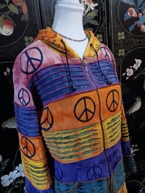 Rising International Multi-Color Peace Sign Patchwork Hooded Jacket